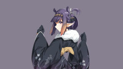 Rule 34 | 1girl, alternate costume, alternate hairstyle, black gloves, clenched hands, floating hair, from behind, fur trim, gloves, hair ornament, hair rings, highres, hololive, hololive english, japanese clothes, kimono, klin (klin5715), long pointy ears, looking back, ninomae ina&#039;nis, pointy ears, purple hair, smile, solo, takodachi (ninomae ina&#039;nis), tentacle hair, virtual youtuber, yukata