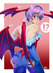 Rule 34 | 1girl, absurdres, ass, ass grab, back, bare shoulders, demon wings, highres, lilith aensland, red eyes, short hair, solo, standing, tovio rogers, vampire (game), wings