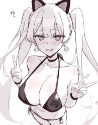 Rule 34 | 1girl, animal ears, bikini, breasts, cat ears, choker, cleavage, double v, earrings, fake animal ears, from above, highres, jewelry, large breasts, long hair, monochrome, open mouth, original, sketch, solo, standing, susinoyama, swimsuit, symbol-shaped pupils, twintails, v, very long hair