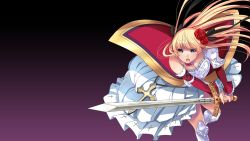 Rule 34 | 1girl, bare shoulders, blonde hair, breasts, cleavage, detached sleeves, dress, fighting stance, floating hair, flower, game cg, green eyes, hair flower, hair ornament, holding, holding sword, holding weapon, janne la pucelle, large breasts, legs, long hair, looking down, open mouth, sagara riri, simple background, solo, standing, sword, thighs, tokeidai no jeanne: jeanne &agrave; la tour d&#039;horloge, weapon, white dress