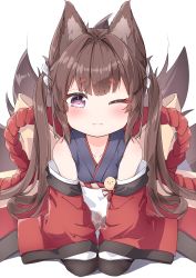 Rule 34 | 1girl, ;3, absurdres, amagi-chan (azur lane), animal ears, azur lane, back bow, bare shoulders, black pantyhose, blunt bangs, blush, bow, brown hair, brown tail, closed mouth, collarbone, commentary request, eyebrows, eyes visible through hair, fox ears, fox girl, fox tail, full body, hair ribbon, hands on own knees, highres, japanese clothes, kimono, kitsune, kyuubi, long hair, looking at viewer, low twintails, manjuu (azur lane), motion lines, multiple tails, obi, off shoulder, one eye closed, pantyhose, pov, pov hands, purple eyes, purple kimono, red kimono, ribbon, rope, sash, seiza, shadow, shimenawa, sidelocks, simple background, sitting, sleeveless, sleeveless kimono, solo, sound effects, tail, thick eyebrows, twintails, uduki (nissi), very long hair, white background, white ribbon, wide sleeves, yellow bow