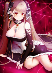 Rule 34 | 1girl, azur lane, bare shoulders, between breasts, black dress, blush, breasts, cleavage, commentary, dress, earrings, formidable (azur lane), frilled dress, frills, gaaramomo, hair ribbon, jewelry, large breasts, long hair, long sleeves, looking at viewer, nail polish, red eyes, ribbon, sitting, solo, twintails, two-tone dress, two-tone ribbon, very long hair