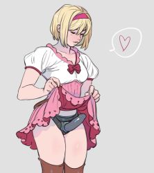 Rule 34 | 1girl, blonde hair, breasts, cleavage, closed eyes, closed mouth, clothes lift, collarbone, dildo, djeeta (granblue fantasy), dress, eyebrows, female focus, granblue fantasy, grey background, hair between eyes, headband, heart, legs together, navir log, pale skin, pink dress, pink headwear, sex toy, short hair, short sleeves, simple background, skirt, skirt lift, solo, speech bubble, standing, strap-on, thighhighs, thighs