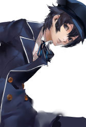 Rule 34 | 1girl, blazpu, blue eyes, blue hair, blue necktie, buttons, cabbie hat, collared shirt, hair between eyes, hat, highres, jacket, leaning forward, lips, looking at viewer, necktie, parted lips, persona, persona 4, reverse trap, school uniform, shirogane naoto, shirt, short hair, simple background, solo, white background, white shirt, yasogami school uniform