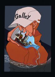 Rule 34 | 1boy, absurdres, b-sky5912, baseball cap, black shirt, bottle, brown hair, clothes writing, covering face, going merry, hat, high collar, highres, holding, holding bottle, kaku (one piece), looking at viewer, male focus, one eye covered, one piece, orange shirt, partially submerged, ship, shirt, sideburns, solo, two-tone shirt, upper body, water, watercraft
