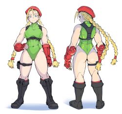 Rule 34 | 1girl, abs, beret, blonde hair, blue eyes, boots, braid, breasts, cammy white, fingerless gloves, front and back, gloves, hand on own hip, hat, highres, large breasts, leotard, nexas, pouch, scar, scar on face, solo, street fighter, street fighter 6, thigh pouch, toned, turtleneck, twin braids, white background