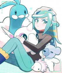 Rule 34 | 1boy, altaria, blue footwear, boots, cetoddle, chirosamu, closed mouth, commentary request, creatures (company), cubchoo, framed, game freak, gen 3 pokemon, gen 5 pokemon, gen 8 pokemon, green eyes, green hair, green pants, grusha (pokemon), highres, holding, holding pokemon, long hair, long sleeves, looking to the side, male focus, nintendo, no jacket, pants, pokemon, pokemon (creature), pokemon sv, shirt, snom, sparkle