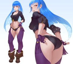 Rule 34 | adjusting clothes, adjusting panties, angel (kof), ass, blue hair, boots, breasts, butt crack, chaps, cheshirrr, cosplay, cowboy boots, cropped jacket, fingerless gloves, from behind, full body, gloves, highres, jacket, kula diamond, leather, leather jacket, long hair, looking at viewer, medium breasts, midriff, panties, red eyes, snk, the king of fighters, toned, underwear