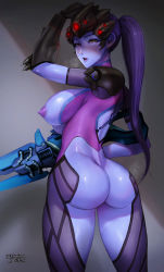 Rule 34 | 1girl, ass, blush, breasts, breath, colored skin, commentary request, functionally nude, gun, highres, large breasts, looking at viewer, looking back, nipples, overwatch, overwatch 1, parted lips, purple eyes, purple skin, rifle, sgk, signature, sniper rifle, solo, thighs, weapon, widowmaker (overwatch)