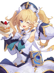 Rule 34 | 1girl, barbara (genshin impact), bare shoulders, blonde hair, blue eyes, blush, book, bow, cake, cake slice, catsmoon, chocolate, cross, detached collar, detached sleeves, dress, food, fruit, genshin impact, highres, looking at viewer, nun, one eye closed, open mouth, priestess, smile, solo, strawberry, twintails, v over eye, vision (genshin impact), white dress, white headwear