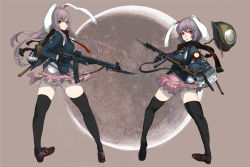 Rule 34 | 2girls, animal ears, assault rifle, bayonet, black gloves, buttoned cuffs, buttons, from behind, full moon, gloves, gun, helmet, highres, long hair, looking at viewer, looking back, moon, multiple girls, necktie, panties, pantyshot, panzer (p.z), plaid, plaid scarf, purple hair, rabbit ears, rabbit tail, red eyes, reisen, reisen udongein inaba, rifle, scarf, short hair, skindentation, striped clothes, striped panties, submachine gun, tail, thighhighs, touhou, underwear, weapon