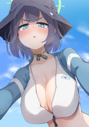 Rule 34 | 1girl, blue archive, blue eyes, blush, breasts, bucket hat, cleavage, green halo, halo, hat, highres, jacket, large breasts, multicolored clothes, multicolored jacket, official alternate costume, ogami kazuki, open swimsuit, rash guard, saki (blue archive), saki (swimsuit) (blue archive), short hair, solo, two-tone jacket, upper body