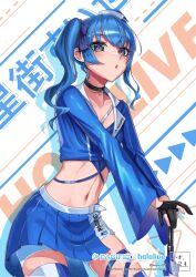 Rule 34 | 1girl, :o, absurdres, black choker, black gloves, blue bow, blue eyes, blue hair, blue hat, blue skirt, bow, breasts, choker, collarbone, gloves, hair behind ear, hair bow, haow, hat, highres, hololive, hoshimachi suisei, midriff, navel, open mouth, pacific racing team, partially fingerless gloves, race queen, shorts, shorts under skirt, side ponytail, skirt, small breasts, solo, umbrella, virtual youtuber, white shorts
