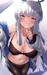 Rule 34 | blue archive, bow, bow bra, bra, breasts, covered nipples, earpiece, embroidered bra, finger to mouth, frilled bra, frills, halo, highres, jacket, large breasts, long hair, noa (blue archive), open clothes, open jacket, pantyhose, selfie, shiki (catbox230123), shushing, underwear, very long hair, white hair, white jacket