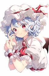 Rule 34 | 1girl, bat wings, closed mouth, commentary request, darjeeling (reley), fingernails, hair between eyes, hat, highres, long fingernails, looking at viewer, mob cap, remilia scarlet, short hair, simple background, solo, touhou, upper body, white background, white hat, wings