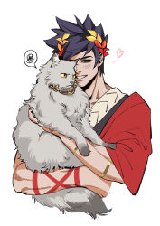 Rule 34 | 1boy, absurdres, ancient greek clothes, animal, animal hug, black hair, cat, chinese commentary, fan mu zhang, greco-roman clothes, green eyes, grin, hades (series), hades 1, heart, highres, hug, laurel crown, male focus, smile, spoken squiggle, squiggle, upper body, white background, zagreus (hades)