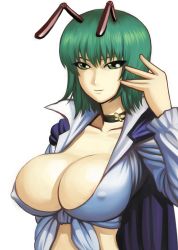 Rule 34 | 1girl, aged up, alternate breast size, antennae, blush, breasts, cape, choker, cleavage, covered erect nipples, female focus, green eyes, green hair, highres, large breasts, looking at viewer, matching hair/eyes, okayado, shirt, short hair, smile, solo, tied shirt, touhou, upper body, wriggle nightbug