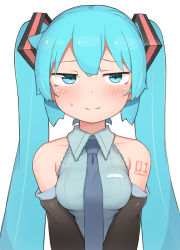 Rule 34 | 1girl, abmayo, aqua hair, arm tattoo, bare shoulders, blush, breasts, closed mouth, collarbone, collared shirt, commentary request, detached sleeves, grey shirt, hair ornament, hatsune miku, highres, long hair, looking at viewer, medium breasts, necktie, number tattoo, shirt, shoulder tattoo, simple background, sleeveless, sleeveless shirt, smile, solo, sweatdrop, tattoo, twintails, upper body, very long hair, vocaloid, white background