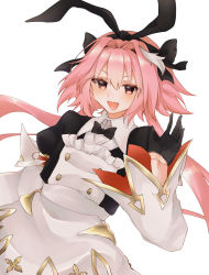 Rule 34 | 1boy, astolfo (fate), astolfo (saber) (fate), astolfo (saber) (third ascension) (fate), bad id, bad pixiv id, black bow, black bowtie, black ribbon, blush, bow, bowtie, calon, dress, fang, fate/grand order, fate (series), hair between eyes, hair bow, hair intakes, hair ribbon, hand up, highres, long hair, long sleeves, looking at viewer, male focus, multicolored hair, open mouth, pink hair, purple eyes, ribbon, simple background, smile, solo, streaked hair, trap, twintails, white background, white hair