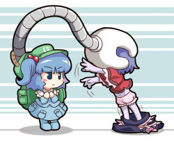 Rule 34 | &gt;:&lt;, 2girls, :&lt;, backpack, bad id, bad pixiv id, bag, bloomers, blue eyes, blue hair, blue skin, blush stickers, chibi, closed mouth, clothes pull, colored skin, female focus, hair bobbles, hair ornament, hands on own chest, hat, jiangshi, jitome, kawashiro nitori, mechanical arms, mesou-san, midriff, miyako yoshika, multiple girls, navel, outline, outstretched arms, randoseru, short hair, single mechanical arm, skirt, skirt pull, touhou, twintails, two side up, underwear, v-shaped eyebrows, zombie pose
