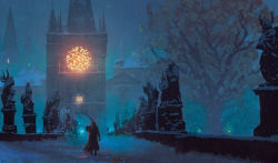 Rule 34 | 1other, anato finnstark, bleeding, blood, bloodborne, blue theme, castle, coat, commentary, english commentary, from behind, hat, highres, snow, statue, tower, tree, walking