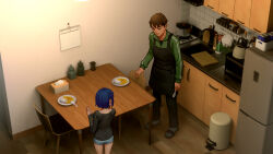 Rule 34 | 1boy, 1girl, apron, as109, black apron, black shirt, blue hair, blue shorts, brother and sister, brown hair, chair, food, green jacket, highres, indoors, jacket, kitchen, looking at another, original, plate, refrigerator, shirt, short hair, shorts, siblings, standing, table, tissue box, trash can