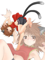 Rule 34 | 1girl, animal ears, armpits, barefoot, bike shorts, brown eyes, brown hair, cat ears, cat girl, cat tail, chen, china dress, chinese clothes, dress, earrings, face, feet, female focus, fingernails, hands reach floor, highres, jewelry, kuro suto sukii, long fingernails, long toenails, multiple tails, nail polish, navel, sharp fingernails, sharp toenails, short hair, sleeveless, smile, soles, solo, spread toes, tail, toenail polish, toenails, toes, touhou, zoom layer