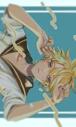 Rule 34 | 1boy, black collar, blonde hair, blue eyes, blurry, blurry foreground, collar, hands up, heart, highres, kagamine len, looking at viewer, male focus, nail polish, parted lips, sailor collar, sera suilen2036, shirt, short sleeves, sideways, spiked hair, upper body, vocaloid, white shirt, yellow nails