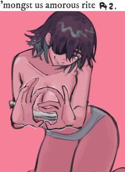 Rule 34 | 1girl, amogus, among us, black hair, breasts, chainsaw man, cleavage, crewmate (among us), eyepatch, head tilt, highres, himeno (chainsaw man), hunched over, kneeling, large breasts, liowig, looking at viewer, meme, off shoulder, pink background, pink theme, short hair, simple background, smile, solo, tank top, white tank top