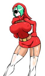 Rule 34 | 1girl, artist request, belt, blush, breasts, contrapposto, covered erect nipples, dress, female focus, garter straps, gender request, genderswap, green hair, hair over one eye, hand on own hip, hood, huge breasts, looking at viewer, mario (series), mask, nintendo, shy gal, shy guy, simple background, solo, super mario bros. 1, tagme, thighhighs, white background, white thighhighs