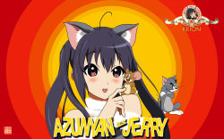 Rule 34 | 2girls, ahoge, animal, animal ears, animal on shoulder, bare shoulders, blush, brand name imitation, cat, cat ears, character name, crossed arms, crossover, headpat, highres, jealous, jerry (tom and jerry), k-on!, kemonomimi mode, long hair, metro-goldwyn-mayer, metro-goldwyn-meyer, mouse (animal), multiple girls, nakano azusa, open mouth, raised eyebrow, round teeth, signature, teeth, tom, tom and jerry, toon (style), yanyou sanren