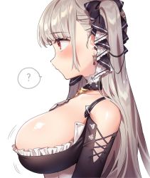 Rule 34 | 1girl, ?, azur lane, bare shoulders, between breasts, black dress, blush, breasts, dress, earrings, formidable (azur lane), frilled dress, frills, from side, grey hair, hair ribbon, jewelry, large breasts, long hair, motion lines, red eyes, ribbon, sakura yuki (clochette), simple background, solo, spoken question mark, twintails, two-tone dress, upper body, white background