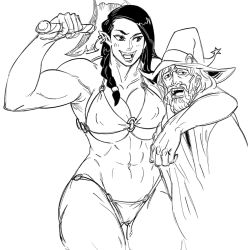 Rule 34 | 1boy, 1girl, :d, abs, arm around shoulder, armor, axe, bare arms, bare shoulders, bb (baalbuddy), biceps, bikini, bikini armor, braid, breasts, cleavage, cowboy shot, ear piercing, earrings, fangs, gluteal fold, greyscale, hair over shoulder, hand up, hat, holding, holding axe, holding weapon, jewelry, large breasts, long hair, monochrome, muscular, muscular female, navel, o-ring, o-ring bikini, open mouth, orc, original, piercing, pointy ears, robe, simple background, smile, standing, swimsuit, thigh gap, weapon, white background, wide hips, wizard, wizard hat