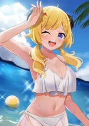 Rule 34 | 1girl, ;d, absurdres, arm up, ball, beach, beachball, bikini, blonde hair, blue sky, blush, breasts, cleavage, cloud, collarbone, curled horns, fruit hair ornament, hair ornament, hairclip, highres, hololive, horns, large breasts, leo (f mmmnkm paint), long hair, looking at viewer, low twintails, navel, ocean, one eye closed, open mouth, outdoors, purple eyes, sarong, sheep girl, sheep horns, sky, smile, solo, sparkle, stomach, swimsuit, teeth, tsunomaki watame, twintails, upper body, upper teeth only, virtual youtuber, water, wet, white bikini, white sarong