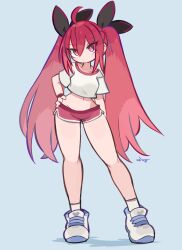 Rule 34 | 1girl, ahoge, black ribbon, blush, ceroblitz, cropped shirt, date a live, dot mouth, full body, hand on own hip, highres, itsuka kotori, long hair, looking at viewer, navel, red eyes, red hair, red shirt, red shorts, ribbon, shirt, shoes, shorts, sidelocks, solo, twintails, very long hair, white footwear