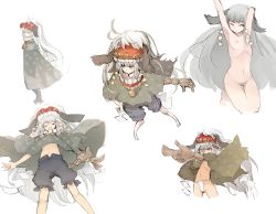 Rule 34 | 1girl, armpits, barefoot, cape, closed eyes, female focus, flat chest, full body, fundoshi, grey hair, japanese clothes, lion dance, long hair, looking back, monorino, multiple views, naked cape, nipples, nude, original, shishimai, very long hair, white background