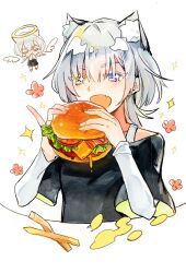 Rule 34 | 1girl, angel wings, animal ears, bang dream!, bang dream! it&#039;s mygo!!!!!, black shirt, blue eyes, burger, cat ears, cheese, commentary request, fang, food, french fries, halo, heterochromia, highres, holding, holding burger, holding food, kaname raana, kemonomimi mode, layered sleeves, lettuce, long sleeves, medium hair, open mouth, reiboubyou, shirt, short over long sleeves, short sleeves, simple background, skin fang, smile, solo, sparkle, sparkling eyes, tomato, tomato slice, upper body, white background, white hair, wings, yellow eyes