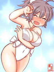 Rule 34 | 1girl, ahoge, aoba (kancolle), artist logo, blue background, breasts, casual one-piece swimsuit, cleavage, closed eyes, commentary request, cosplay, covered navel, cowboy shot, criss-cross halter, dated, embarrassed, frilled swimsuit, frills, gradient background, hair ribbon, halterneck, highleg, highleg swimsuit, kanon (kurogane knights), kantai collection, large breasts, leaning forward, one-hour drawing challenge, one-piece swimsuit, ponytail, purple hair, ribbon, sagiri (kancolle), sagiri (kancolle) (cosplay), short hair, side-tie swimsuit, solo, swimsuit, tears, white one-piece swimsuit, white ribbon