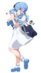 Rule 34 | 1girl, ama rei, bag, belt, blue footwear, blue hair, blue neckerchief, blue sailor collar, box, drinking straw, from side, full body, green eyes, hair between eyes, highres, holding, holding box, hololive, hoshimachi suisei, juice box, looking at viewer, neckerchief, parted lips, sailor collar, school bag, school uniform, shirt, shoes, simple background, skirt, socks, solo, standing, virtual youtuber, white background, white belt, white shirt, white skirt, white socks
