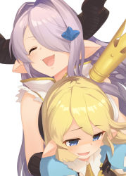 Rule 34 | 2girls, :d, ^ ^, bare shoulders, blonde hair, blue dress, blue eyes, blush, braid, charlotta (granblue fantasy), closed eyes, commentary, crown, unworn crown, curled horns, dress, granblue fantasy, hair over one eye, harvin, holding, horns, long hair, mini crown, multiple girls, narmaya (granblue fantasy), o (rakkasei), open mouth, pointy ears, puffy short sleeves, puffy sleeves, purple hair, shaded face, short sleeves, simple background, sleeveless, smile, white background
