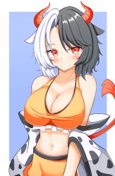 Rule 34 | 1girl, animal ears, animal print, bare shoulders, black hair, blue background, blush, border, breasts, cleavage, collarbone, cow ears, cow horns, cow print, cow tail, cowboy shot, crop top, gyuta, haori, highres, horns, japanese clothes, large breasts, looking at viewer, medium hair, midriff, multicolored hair, navel, red eyes, red horns, smile, solo, tail, touhou, two-tone hair, upper body, ushizaki urumi, white border, white hair