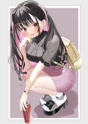 Rule 34 | 1girl, :d, absurdres, backpack, bag, belt, black footwear, black hair, black shirt, blush, breasts, can, colored inner hair, cross, cross earrings, drink can, earrings, fang, full body, hand on own head, highres, holding, holding can, jewelry, jirai kei, large breasts, long hair, looking at viewer, multicolored hair, open mouth, original, outside border, pink hair, pink skirt, platform footwear, red eyes, sandals, see-through, shirt, shokorate, short sleeves, skin fang, skirt, smile, socks, soda can, solo, sparkle, squatting, two-tone hair, two side up, very long hair, watch, white socks, wristwatch