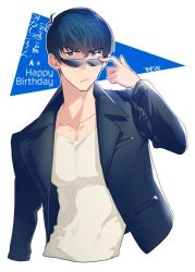 Rule 34 | 10s, 1boy, blue eyes, blue hair, closed mouth, f6 (osomatsu-san), happy birthday, jacket, leather, leather jacket, looking at viewer, male focus, matsuno karamatsu, minashigo, osomatsu-kun, osomatsu-san, osomatsu (series), removing eyewear, shirt, solo, sunglasses, t-shirt, triangle, white shirt