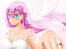 Rule 34 | 1girl, bare shoulders, blue eyes, blush, bokutachi wa benkyou ga dekinai, braid, breasts, bridal veil, cleavage, collarbone, commentary request, dress, hair between eyes, highres, jewelry, kirisu mafuyu, large breasts, long hair, looking at viewer, necklace, outstretched hand, petals, pink hair, ring, side braid, solo, strapless, strapless dress, upper body, veil, very long hair, wedding band, wedding dress, white dress, ztu