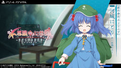 Rule 34 | 1girl, aqua-lia, aqua style, backpack, bag, blouse, blue hair, blue shirt, blue skirt, character name, closed eyes, collar, collared shirt, copyright name, copyright notice, crowbar, english text, frilled shirt collar, frills, fushigi no gensokyo, green bag, green hat, hair bobbles, hair ornament, hat, highres, holding, japanese text, jewelry, kawashiro nitori, key, key necklace, logo, long sleeves, looking at viewer, necklace, official art, open mouth, shirt, skirt, skirt set, smile, solo, table, tagme, team shanghai alice, touhou, twintails, two side up, white collar