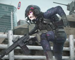 Rule 34 | 1girl, :d, assault rifle, backpack, bag, black hair, boots, building, camouflage, commentary request, crazy eyes, cross-laced footwear, digital camouflage, fang, gloves, glowing, glowing eyes, guard rail, gun, hair ornament, hairclip, headset, highres, holding, holding gun, holding weapon, iwi arad, knee pads, load bearing vest, magazine (weapon), medium hair, military, military uniform, military vehicle, on one knee, open mouth, original, pouch, purple eyes, reloading, rifle, sign, skin fang, smile, solo, thigh pouch, tom-neko (zamudo akiyuki), uniform, weapon