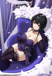 Rule 34 | 1girl, aether gazer, anming, bare shoulders, black gloves, black hair, black thighhighs, blunt bangs, blush, breasts, choker, cleavage, closed mouth, dress, elbow gloves, falling petals, flower, from above, gloves, groin, hair intakes, hair ornament, halter dress, halterneck, highres, large breasts, looking at viewer, looking up, petals, purple choker, purple dress, purple eyes, short dress, short hair, sitting, solo, thighhighs, thighs, tsukuyomi (aether gazer), white flower