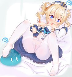 Rule 34 | 1futa, absurdres, artist request, barbara (genshin impact), blonde hair, blue eyes, blush, breasts, breasts out, bulge, erection, erection under clothes, feet, full-package futanari, futanari, genshin impact, highres, long hair, lying, nipples, pantyhose, penis, pillow, pussy, see-through, solo, testicles, toes