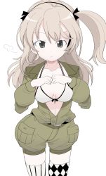Rule 34 | 10s, 1girl, alternate breast size, asymmetrical legwear, belt, black ribbon, bow, bow bra, bra, breasts, brown eyes, brown jumpsuit, closed mouth, frown, fume, girls und panzer, hair ribbon, henyaan (oreizm), jumpsuit, light brown hair, long sleeves, medium breasts, open clothes, print thighhighs, ribbon, shimada arisu, short jumpsuit, side ponytail, simple background, solo, thighhighs, underwear, uneven legwear, white background, white bra