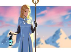 Rule 34 | 1girl, ankh, backlighting, blonde hair, cleric, cowboy shot, dress, gloves, jewelry, long hair, mella, octopath traveler, octopath traveler i, ophilia (octopath traveler), outside border, priestess, simple background, sky, smile, solo, staff, standing, sunset